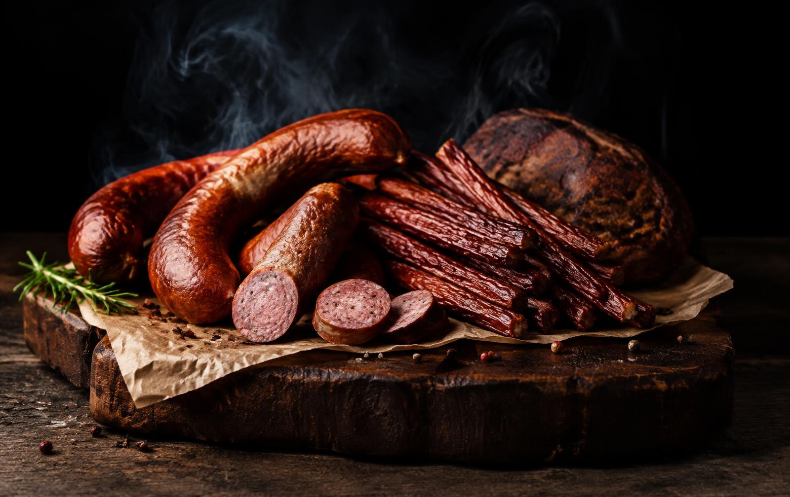 Smoked sausages and meat sticks on a wooden board
